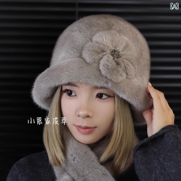 ハット レディース 女性用 秋冬 ミンク ファー 本革 レザー エレガント 上品 手縫い 花柄 刺繍 若見え マダム ラウンドトップ つば短め ロールアップつば お出かけ 旅行 普段使い グレー ベージュ ブラウン(4.0)