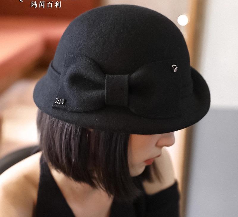 帽子 レディース 秋冬 ウール フェドラ 巻きつば 丸頂 エレガント レトロ ブリティッシュスタイル ファッション 保温性 上品 デイリー カジュアル ブラック カーキ ワインレッド(4.0)