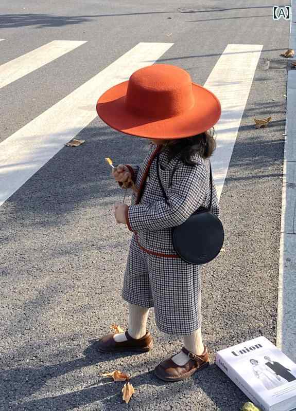 フロントップ楽天市場店のハット 子供用 男の子 女の子 親子 秋冬 ウールフェルト フリーサイズ 調節可能 無地 フラットトップ 平つば つば広 レンガ ベーシック カジュアル かわいい お出かけ｜アングル2