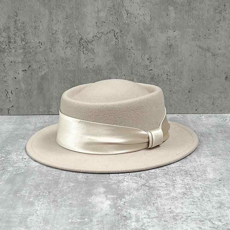 Hat - フェドラハット レディース 帽子 秋冬 ウール ウール フェルト サテン リボン くぼみトップ ワイドブリム ブリティッシュ 韓国 エレガント おしゃれ お出かけ 旅行 黒 キャメル ベージュ