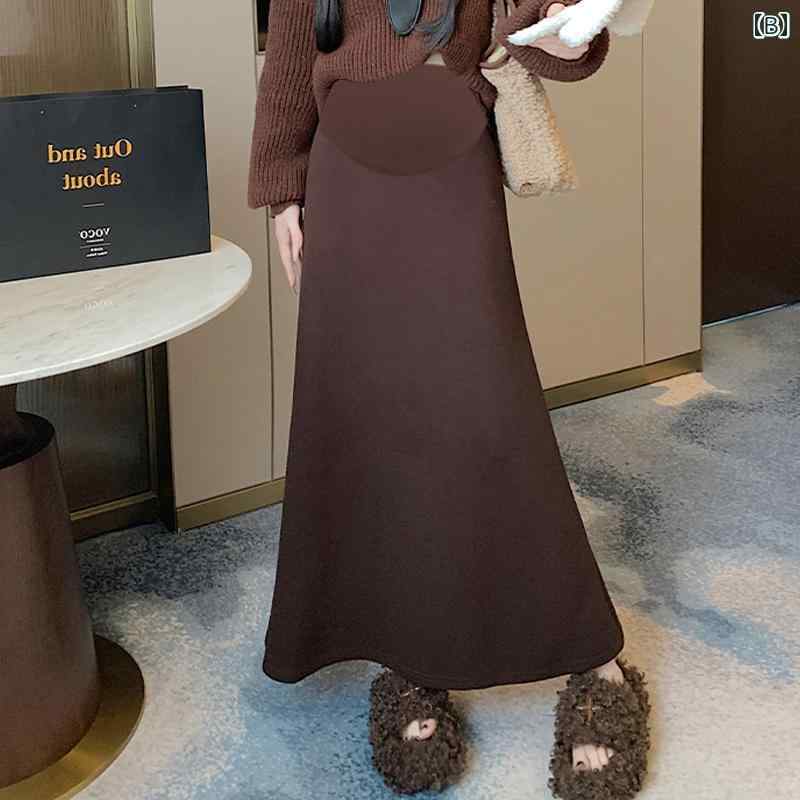スカート マタニティ レディース ニット マーメイド ロングスカート ハイウエスト 裏起毛 厚手 あったか 着痩せ スタイルアップ 上品 エレガント ドレープ 落ち感 秋冬 黒 カフェ アプリコット 3