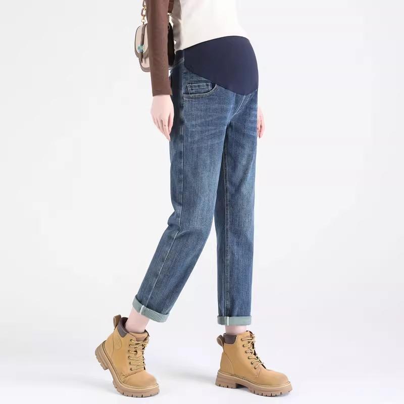 デニムパンツ マタニティ 妊婦 春秋 カジュアル 外出用 ゆったり 大きいサイズ コットン ストレッチ デニム お腹サポート ストレート サルエル テーパード フルレングス ブルー