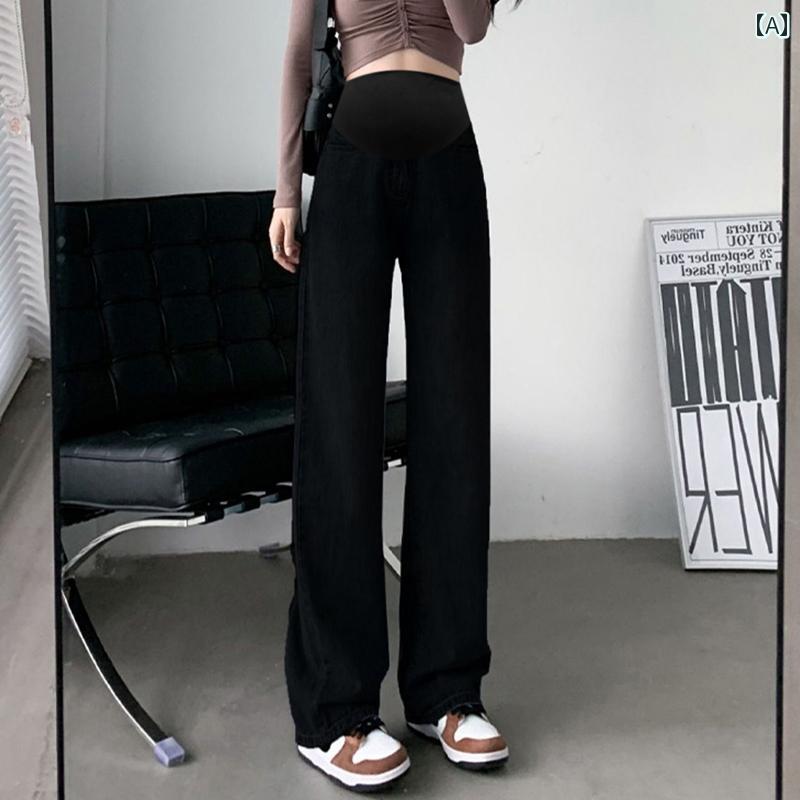 ジーンズ マタニティ ワイド ストレート ゆったり 体型カバー お腹サポート 裏起毛 デニム 外出 普段使い 秋冬春 深ブルー ブラック ベージュ 2