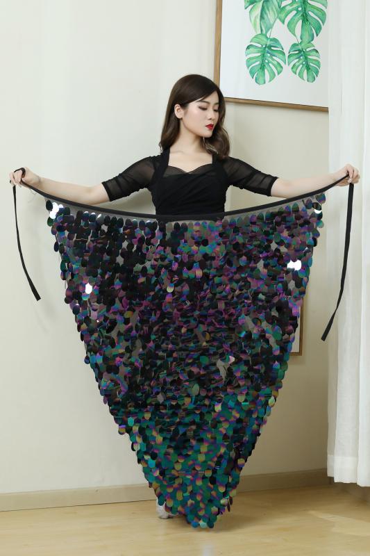 ベリーダンス レディース 女性用 マーメイドスカート スパンコール ヒップスカーフ 腰スカート 練習着 レッスンウェア 発表会 衣装 イベント ポリエステル 片側スリット 華やか ゴージャス ゴールド グリーン ピンク