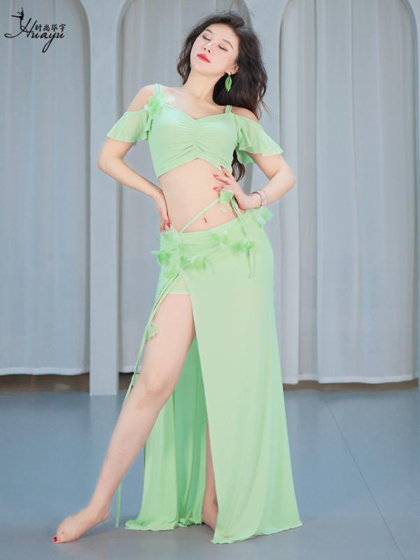 ダンスウェア レディース ベリーダンス 衣装 オリエンタルダンス 練習着 発表会 クラスウェア プロ仕様 ネット生地 セットアップ ライラックパープル アップルグリーン ルージュピンク