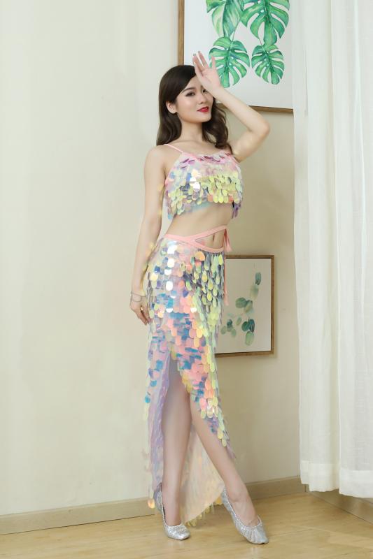 ベリーダンス レディース マーメイド スパンコール スカート セットアップ 発表会 衣装 練習着 レッスン着 舞台 イベント 外景撮影 メッシュ キラキラ