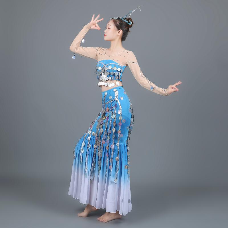 ダンス衣装 レディース 大人用 民族衣装 発表会用 舞台衣装 舞踊衣装 スパンコール 孔雀 マーメイドスカート ドレス エレガント ゴージャス 孔雀ブルー