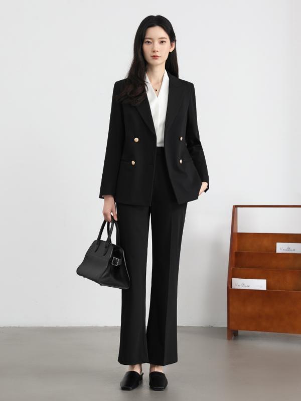 スーツ レディース 秋 ブラック フォーマル ビジネス リクルート 通勤 オフィス 面接 テーラードジャケット セットアップ アウター ウエストシェイプ スリムフィット ポリエステル ダブルブレスト 通気性