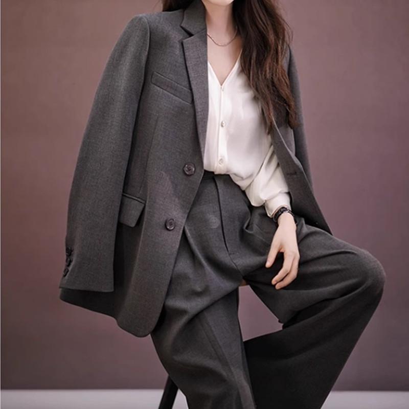 セットアップ レディース 韓国 上品 着痩せ グレー スーツ テーラードジャケット ワイドパンツ 2点セット 春秋 通勤 オフィスカジュアル ビジネス ポリエステル 混紡 テーラードカラー レギュラー丈