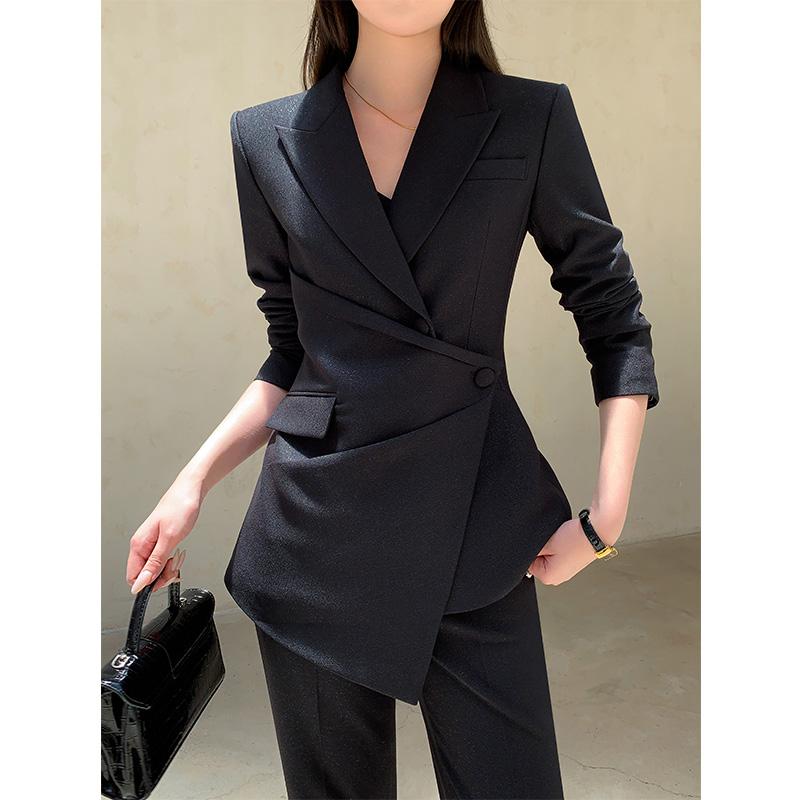 セットアップ レディース 女性用 秋 通勤 オフィス ビジネス OL エレガント ジャケット アウター テーラード アシンメトリー フレアパンツ ボトムス スリム 無地 黒 白
