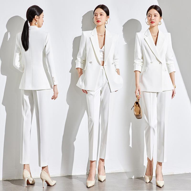 セットアップ レディース 春秋 白 スーツ ジャケット クロップドパンツ オフィス ビジネス 通勤 きれいめ スリムフィット ノッチドラペル ダブルブレスト 無地 ポリエステル