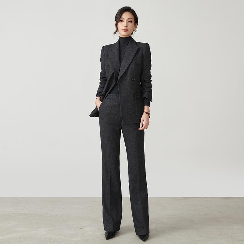 スーツ レディース 冬 ウール グレー ビジネス フォーマル スタイルアップ 細見え 保温 防寒 厚手 セットアップ フレアパンツ ツーピース