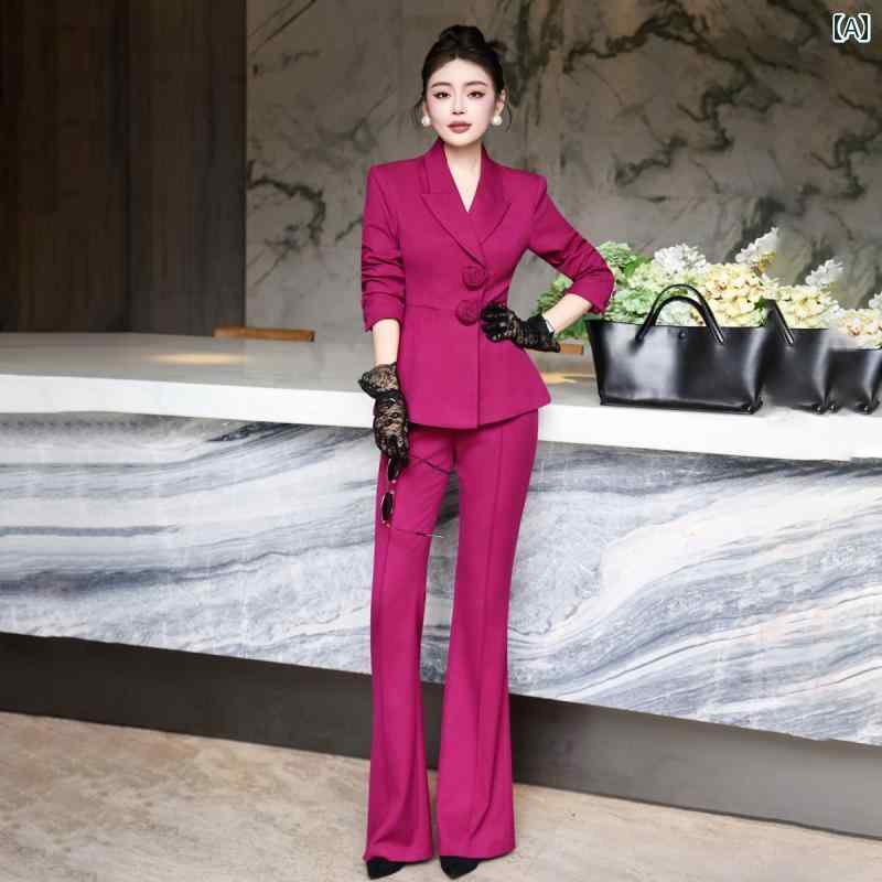 スーツ レディース 秋冬 オフィス ビジネス テーラードジャケット ブレザー 長袖 スリム ストレートパンツ フレアパンツ ハイウエスト 2点セット 上品 黒 ローズピンク
