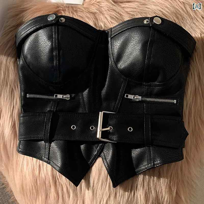 フロントップ楽天市場店のトップス レディース 欧米風 ホットガール セクシー 甘辛 クール フェイクレザー ビスチェ キャミソール ショート丈 ダンス クラブ イベント 春夏 ブラック 黒｜アングル2