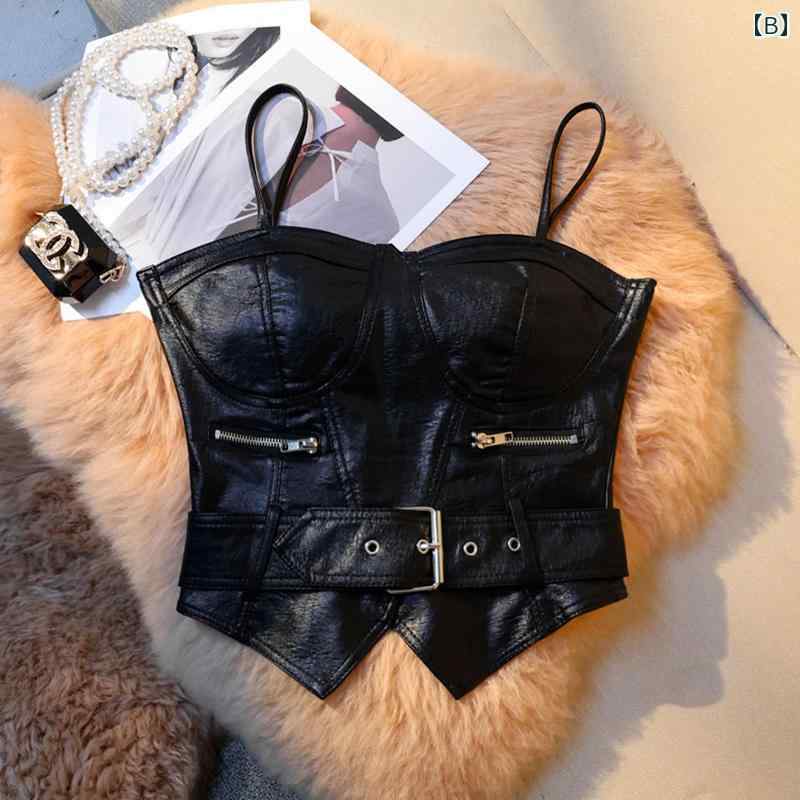 フロントップ楽天市場店のトップス レディース 欧米風 ホットガール セクシー 甘辛 クール フェイクレザー ビスチェ キャミソール ショート丈 ダンス クラブ イベント 春夏 ブラック 黒｜アングル3