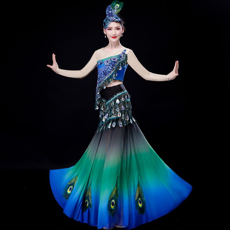 舞台衣装 レディース 大人 マーメイド タイ族民族舞踊 スパンコール 孔雀柄 ダンス パフォーマンス コスチューム セットアップ スカート ドレス ポリエステル