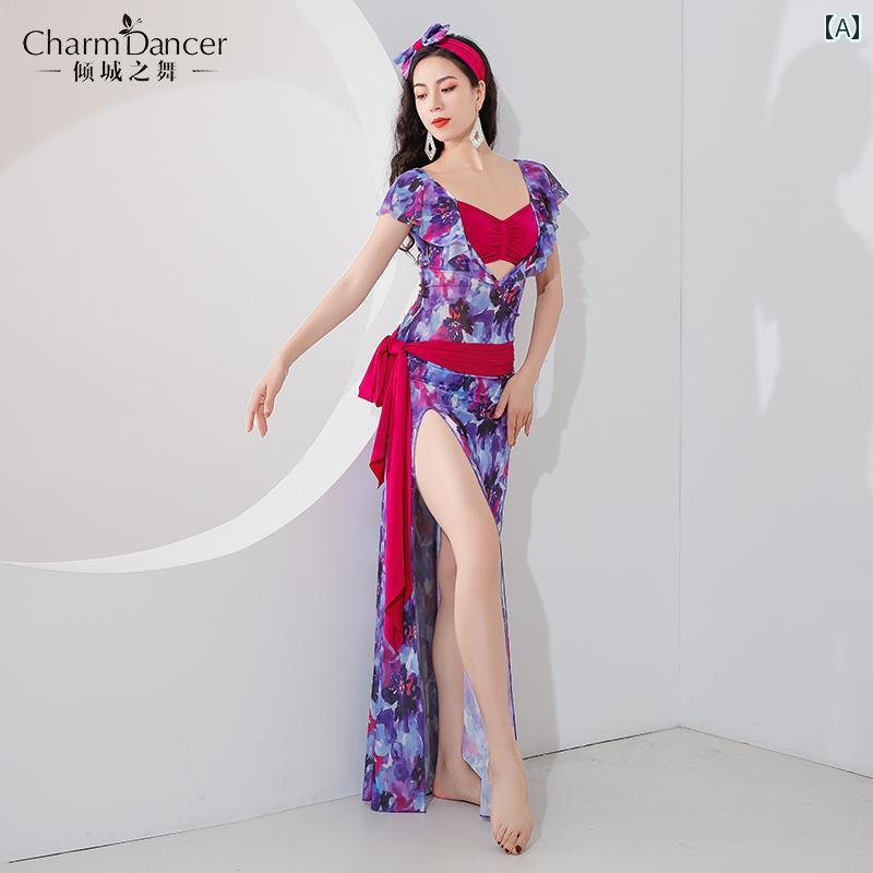 ベリーダンスウェア レディース 女性用 シャービー バラディ かわいい プリント 花柄 ワンピース ドレス 練習着 レッスン着 ネット生地 メッシュ素材 パープル系 レッド系 マルチカラー