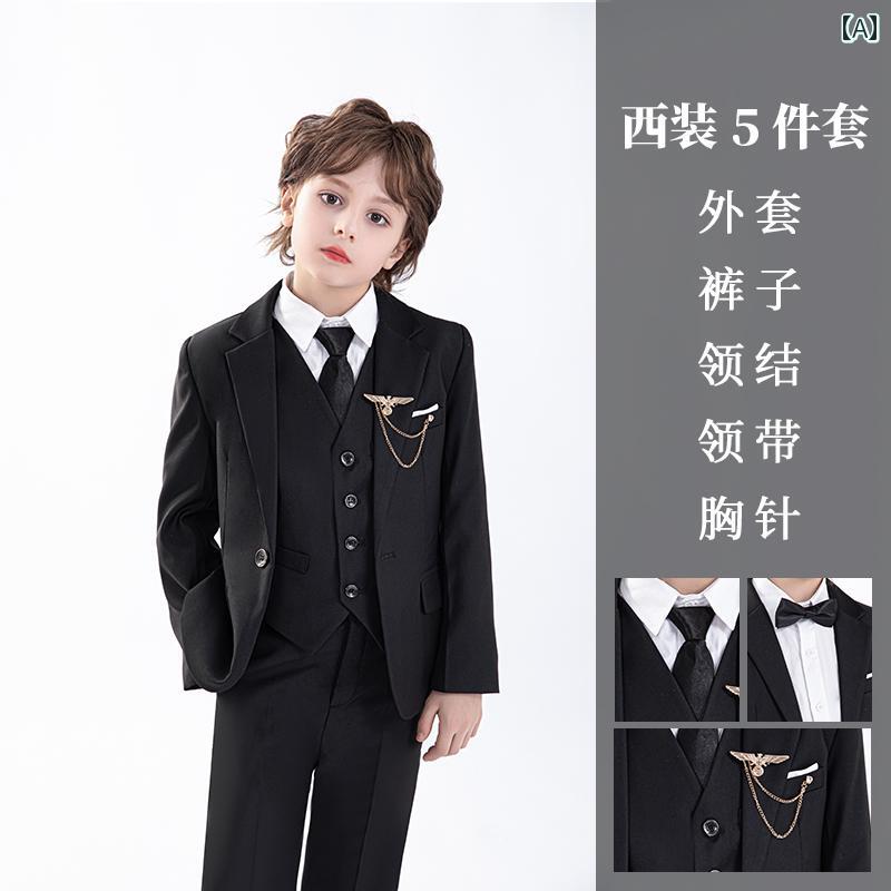 フロントップ楽天市場店のスーツ キッズ 男の子 黒 フォーマル セットアップ 礼服 フラワーボーイ 発表会 演奏会 スピーチ パフォーマンス イベント 結婚式 入学式 卒業式 ポリエステル レーヨン シングルボタン 無地 ブリティッシュスタイル オールシーズン｜アングル2
