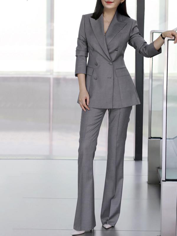 スーツ セットアップ レディース ウール混 ミディアムグレー スリムフィット 細見え セミフレアパンツ オフィス カジュアル きれいめ ビジネス 通勤 秋冬 2点セット