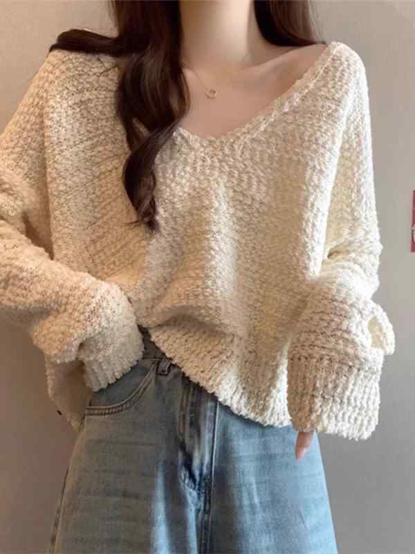 乐天商城 - ニットトップス レディース Vネック ドロップショルダー ショート丈 ゆったり ルーズフィット リラクシー インナー 保温 あったか 普段着 秋冬 長袖 セーター カジュアル 小柄 大人かわいい 黒 青 緑