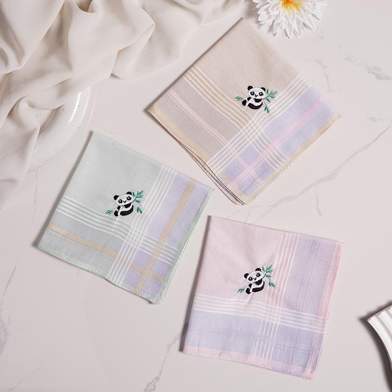 For Women - ハンカチ レディース 携帯用 パンダ 刺繍 レトロ クラシック 綿 吸汗性 かわいい おしゃれ 普段使い 和風 アンティーク調 コットン ソフト 肌触り スクエア
