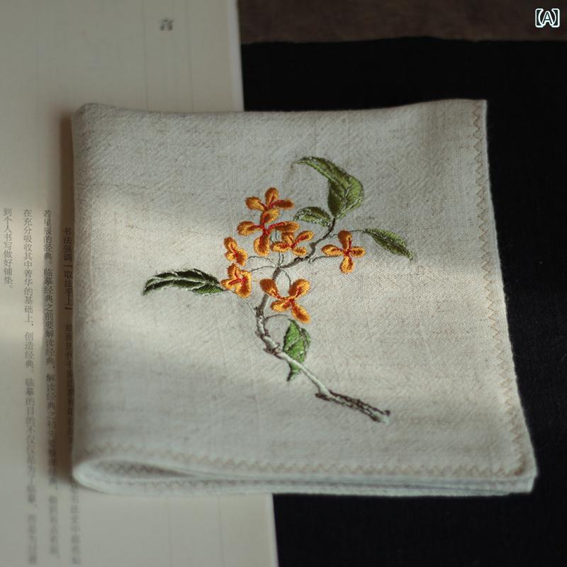 ハンカチ レディース 女性用 ハンドタオル 綿 金木犀刺繍 吸汗速乾 ソフト 柔らかい 古風 レトロ 普段使い ギフト 携帯用 小さめ 正方形 リネンナチュラル アイボリー ダークグレー