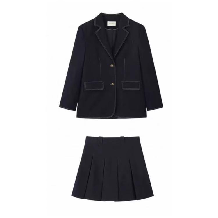 セットアップ レディース レトロ バイカラー 性 デニム風 テーラードジャケット プリーツスカート カジュアル デニムブルー 春夏 スーツ