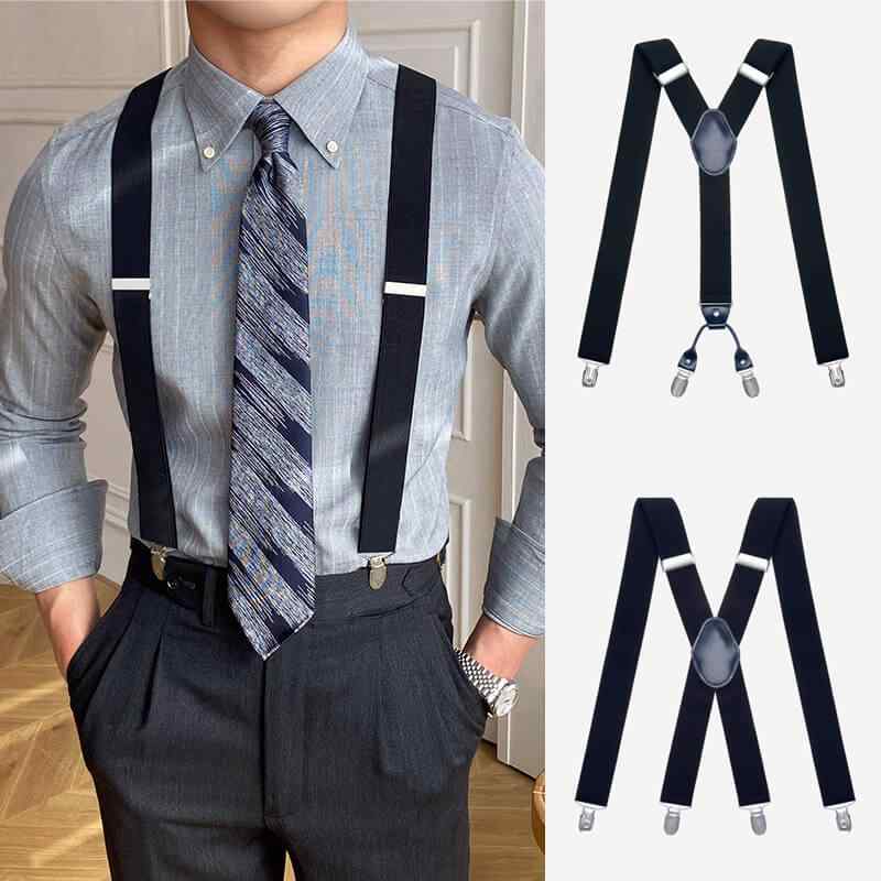 サスペンダー メンズ レディース 成人 シニア向け X型 Y型 伸縮性 キャンバス素材 スラックス スーツスタイル ビジネス フォーマル 結婚式 レトロ クラシック ブリティッシュ 黒 紺 茶褐色