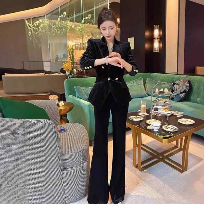 セットアップ レディース 女性用 ベルベット ポリエステル エレガント オフィス ビジネス 通勤 フォーマル スリムフィット テーラードジャケット ツーピース ダブルボタン 長袖 テーラードカラー 黒 無地 秋冬