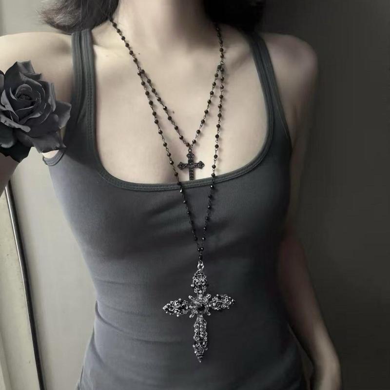 ネックレス メンズ レディース ダークゴシック Y2K 重厚感 ダブル 十字架 ビーズ パンク 個性的 チョー..