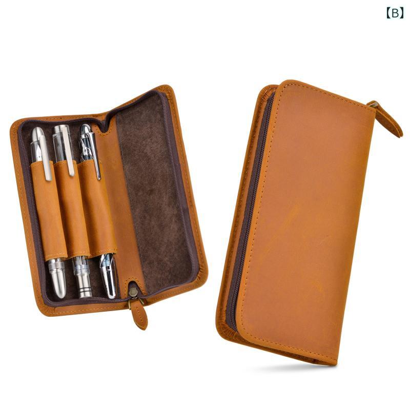 ペンケース 本革 牛革 フルグレイン クレイジーホースレザー ファスナー 3本収納 万年筆 文具 携帯用 シンプル 保護 収納 ポーチ 筆記具入れ 単色