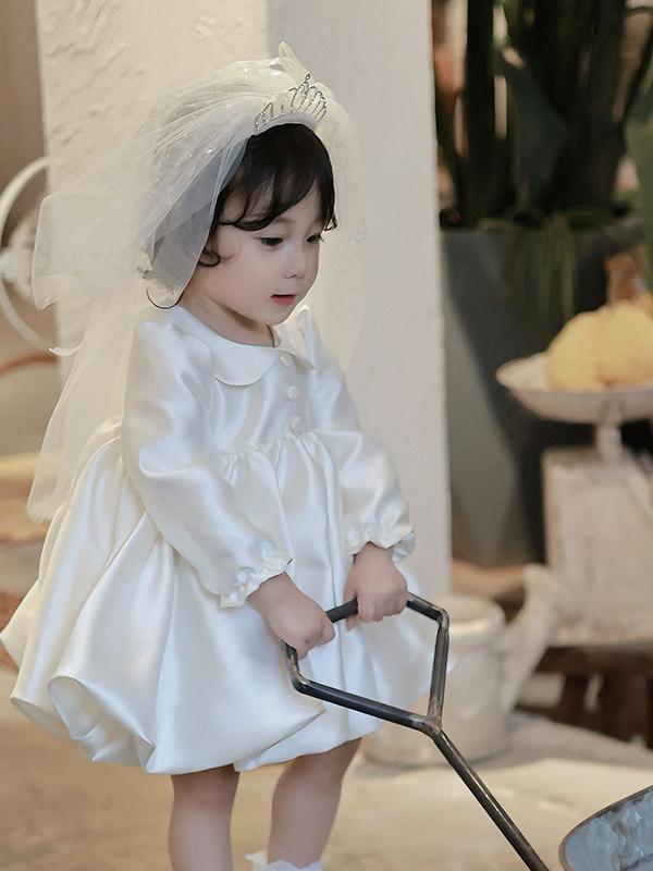 ワンピース ベビー 女の子 1歳 誕生日 選び取り バースデー セレモニー フォーマル プリンセス チュール ボリューム サテン オフホワイト 秋冬