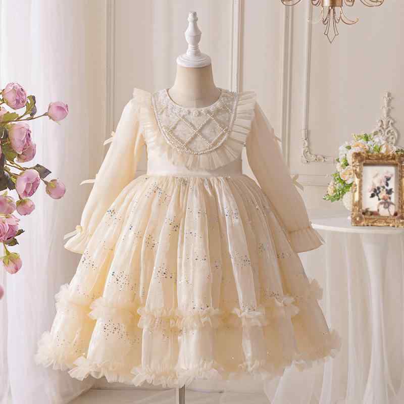 ワンピース 女の子 誕生日 発表会 結婚式 パーティー 長袖 プリンセスドレス フォーマル チュールスカート ふんわり 上品 エレガント シャンパン 春秋冬 綿裏地 中厚手