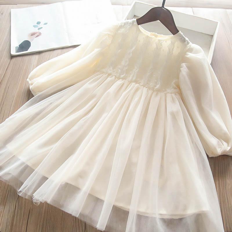 ワンピース ベビー 女の子 キッズ 子供 プリンセス メッシュ チュール Aライン ボリューム かわいい フェミニン 長袖 ロング丈 ラウンドネック 春秋 お出かけ オフホワイト