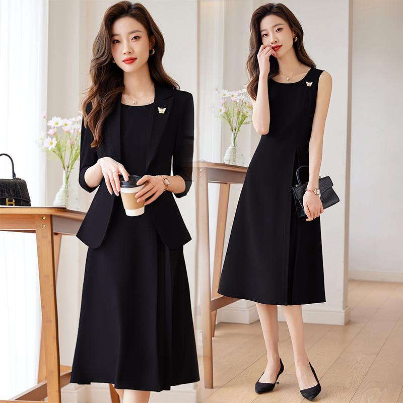 ワンピース レディース スーツワンピース ドレス 春夏 薄手 オフィス ビジネス 通勤 フォーマル きれいめ エレガント セットアップ テーラードカラー 五分袖 スリムフィット ポリエステル 無地 切り替え 黒 青 緑