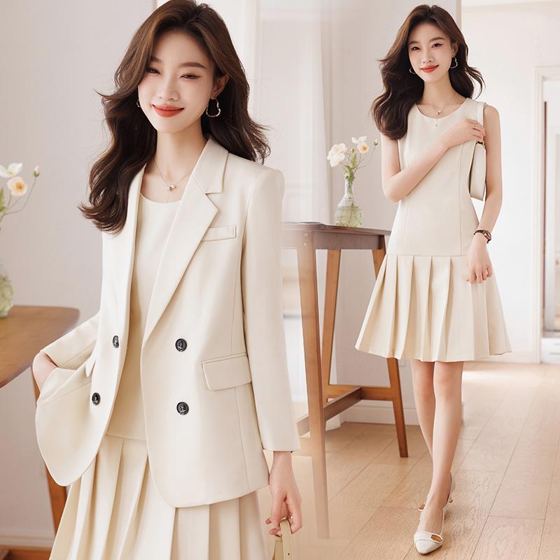 セットアップ レディース ジャケット ワンピース 小柄 低身長 上品 エレガント オフィス 通勤 フォーマル ポリエステル レーヨン プリーツスカート ノースリーブ クルーネック ショート丈 アイボリー グレー ダークグリーン 秋冬