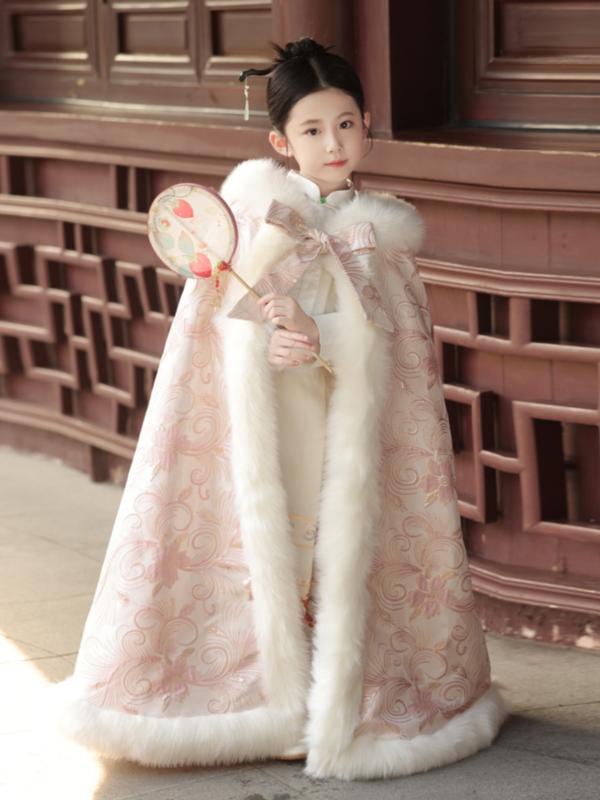 キッズ 女の子 漢服 ポンチョ ケープ ショール 中国風 フード付き プリンセス ロング丈 秋冬 防寒 厚手..