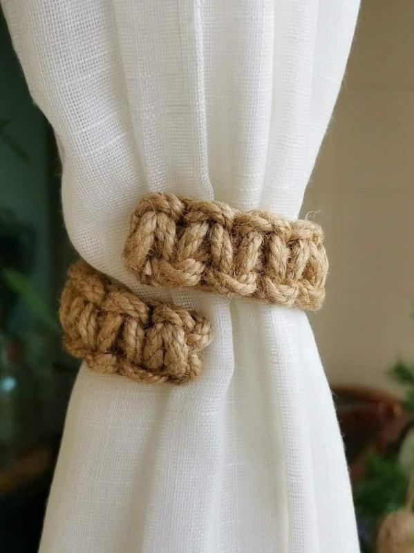 カーテン 北欧風 手編み ハンドメイド 素材 麻紐 コットンロープ カーテンタッセル タイバック おしゃれ ナチュラル 窓装飾 寝室 リビング 民泊 インテリア 留め具