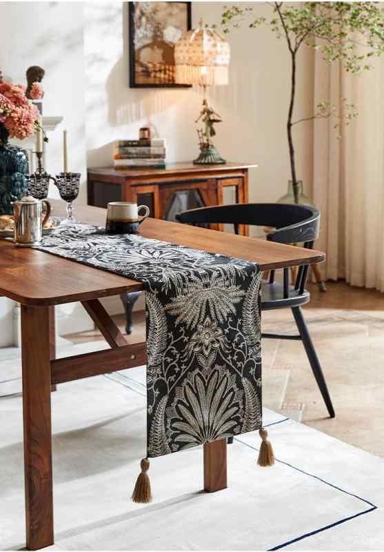 テーブルランナー フレンチスタイル ヴィンテージ風風 黒 フリンジ 滑り止め加工 防塵 長尺 リビング 寝室 書斎 コーヒーテーブル用 おしゃれ レトロ モダン シンプル クロス