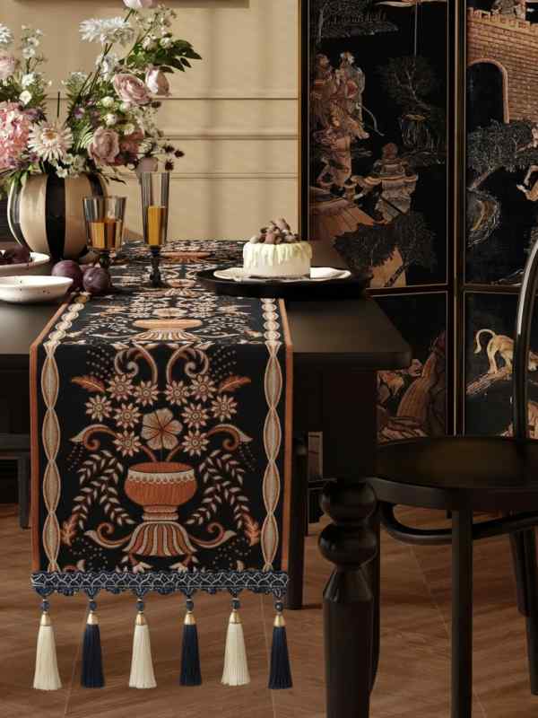 テーブルランナー アメリカンヴィンテージ風風 シェニール フリンジ 滑り止め 防塵 コーヒーテーブル ..