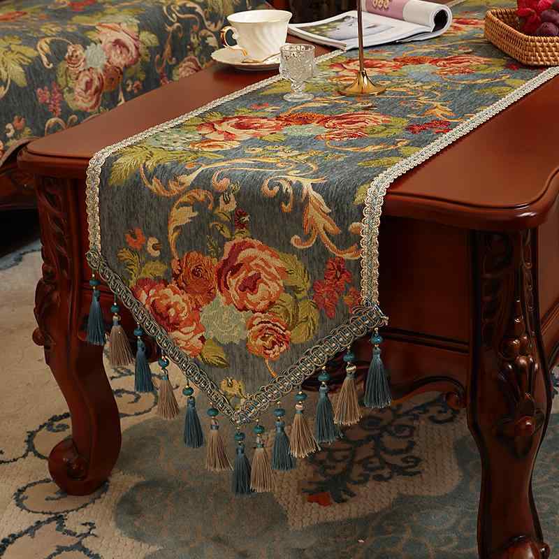 テーブルランナー アメリカン ヨーロピアン 軽やか 豪華 エレガント シェニール 植物花柄 ロングタイプ..