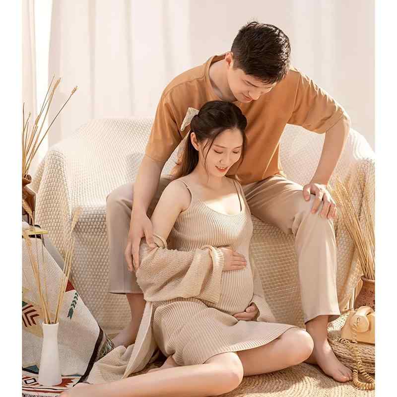 マタニティドレス レディース マタニティフォト 撮影衣装 エレガント ロマンチック プレママ 記念写真 ニット キャミソール ロングワンピース スリット Vネック セットアップ アプリコット ブラック グレー