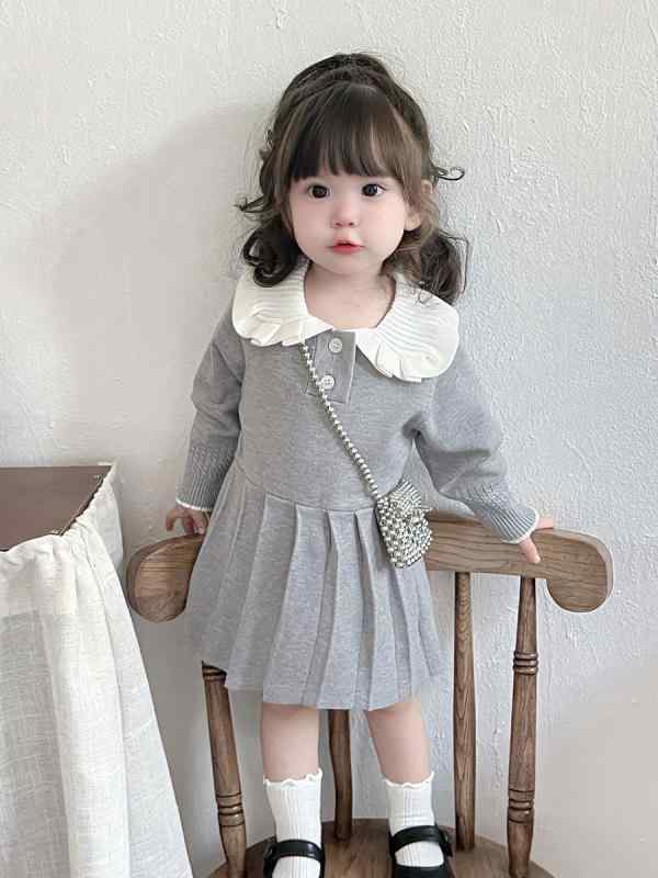 ワンピース ベビー キッズ 女の子 韓国 スクール風 ポロ襟 プリーツ フリル ニットワンピース 長袖 ミディ丈 春秋 グレー 保温 中厚手 やわらか 普段使い かわいい おしゃれ