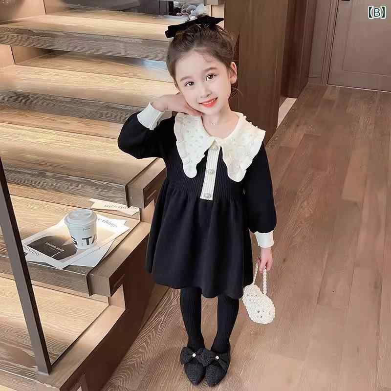 セットアップ キッズ 女の子 秋冬 かわいい フリル襟 パール飾り プリンセスワンピース Aライン ニット 混 綿ブレンド おしゃれ お出かけ レッド ブラック ピンク