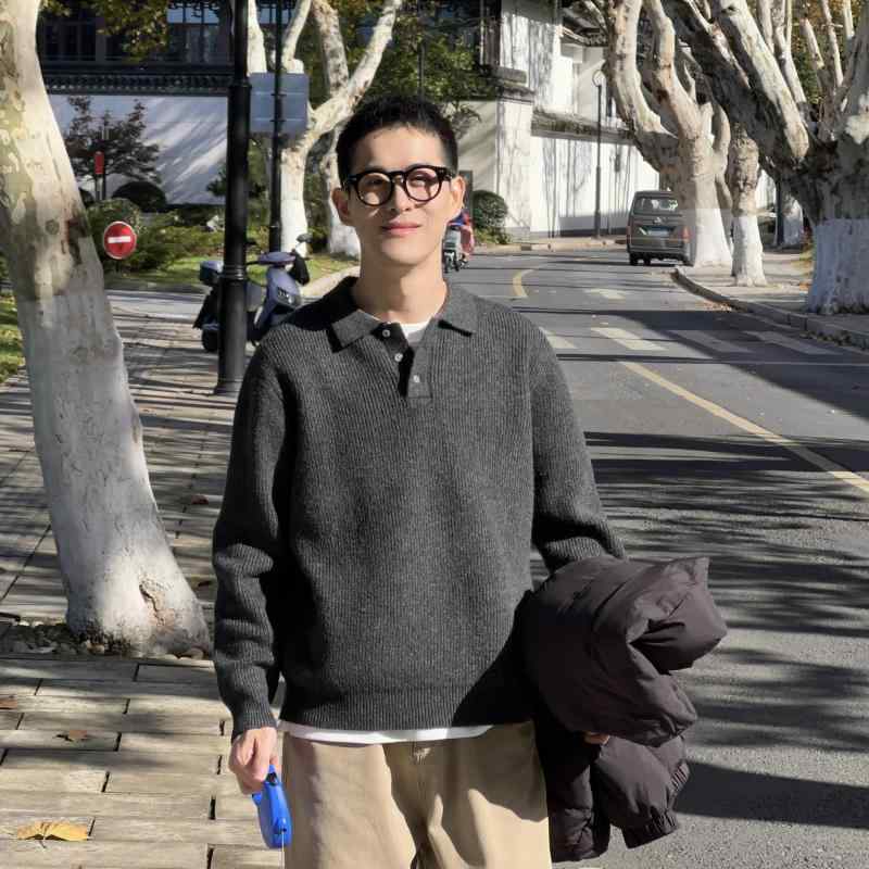 セーター メンズ 男性用 秋冬 ポロ襟 襟付き ニット トップス 長袖 ゆったり ルーズ感 リラックス感 シンプル カジュアル 韓国 普段使い 通勤 ベーシック 黒