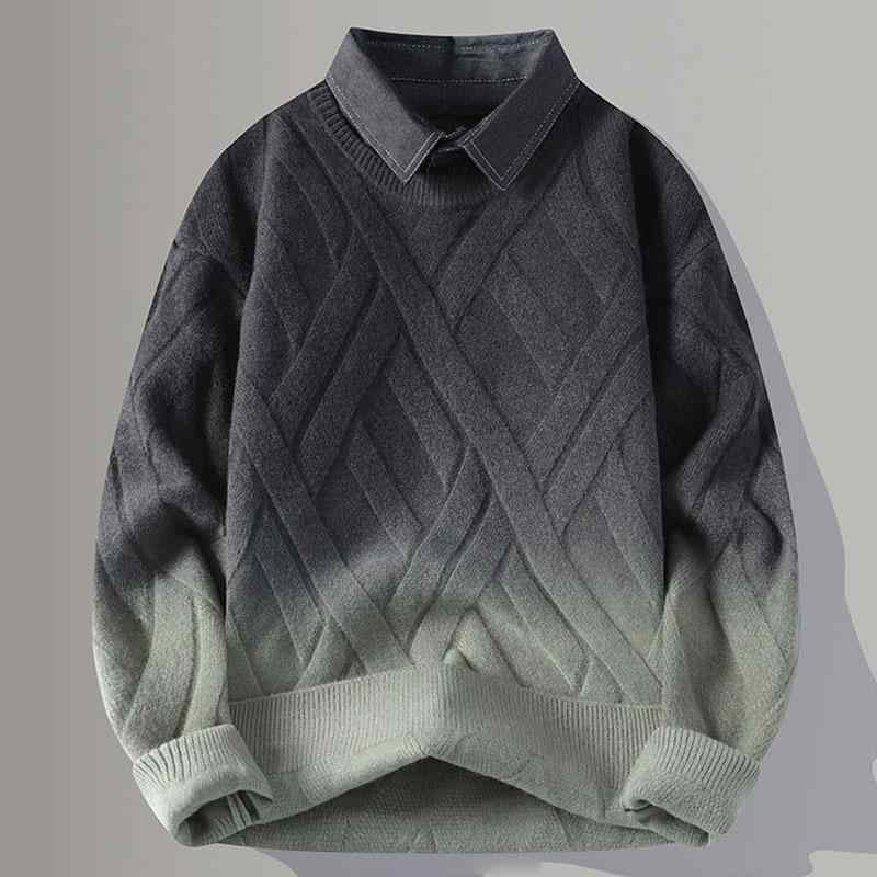 ニット メンズ グラデーションカラー 秋冬 ゆったり 重ね着風 シャツ襟 長袖 プルオーバー セーター トップス カジュアル 普段使い 普段使い 快適素材 アクリル混紡