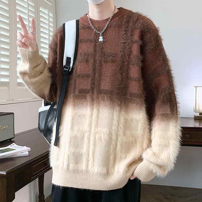 ニット メンズ ミンクタッチ フェイクファー グラデーション セーター 厚手 保温 クルーネック ゆったり オーバーサイズ 秋冬 カジュアル