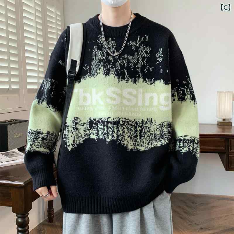 ニット メンズ ティーンズ ビッグシルエット クルーネック グラデーション ジャガード プルオーバー 長袖 保温性 カジュアル ストリート アクリル混紡 秋冬 ベージュ グリーン ブラック