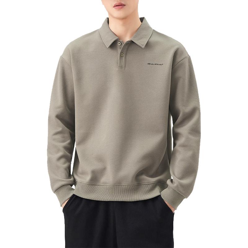 乐天商城 - ポロシャツ メンズ スウェット Tシャツ 長袖 ポロ襟 裏起毛 ゆったり ビッグシルエット ボタン カジュアル 普段使い シワになりにくい 綿ポリエステル 秋冬 グレイッシュグリーン ブラック アプリコット