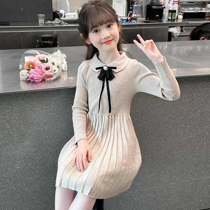 ワンピース 女の子 ニットワンピース プリーツ 長袖 韓国 春秋 かわいい プリンセス風 カジュアル 普段使い レーヨン 綿 ポリウレタン アプリコット ピンク グレー